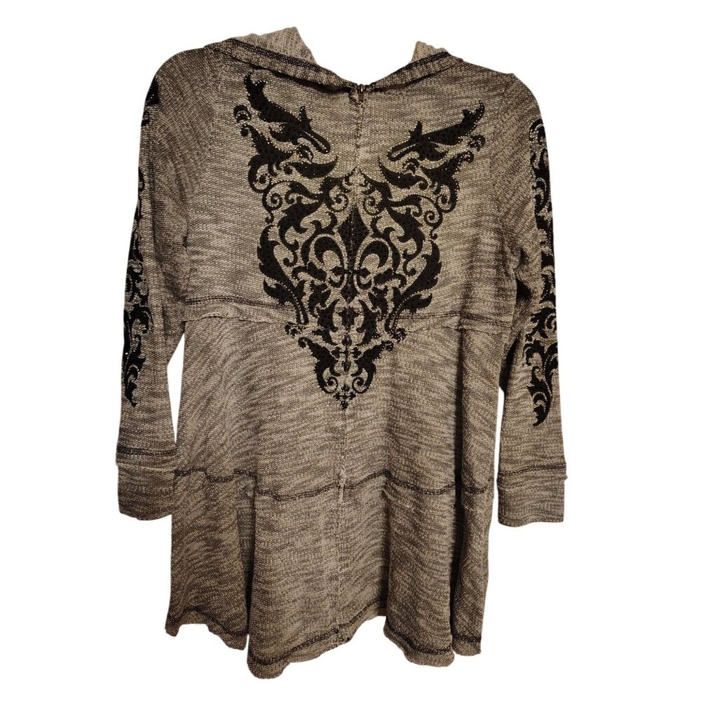 Vocal USA XL Zip Front Hoodie, Gray Black, Rhinestone Fleur de Lis Long Sleeve